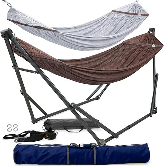Tranquillo Universal Hammock with Stands Electro Static Coated Steel, Adjustable Foldable Hammock Stand with 2 Layered Polyester Net and Carry Bag for 2 Persons (Combo - Brown)