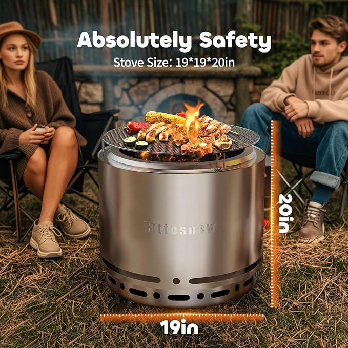 Smokeless Stove Fire Pit, Bittesnew 304 Stainless Steel Patio Fire Pit 19 Inch, Portable Outdoor Stove with Carrying Bag for Wood Buring, Camping Backyard, Patio, Garden, Picnic, 20 inch High