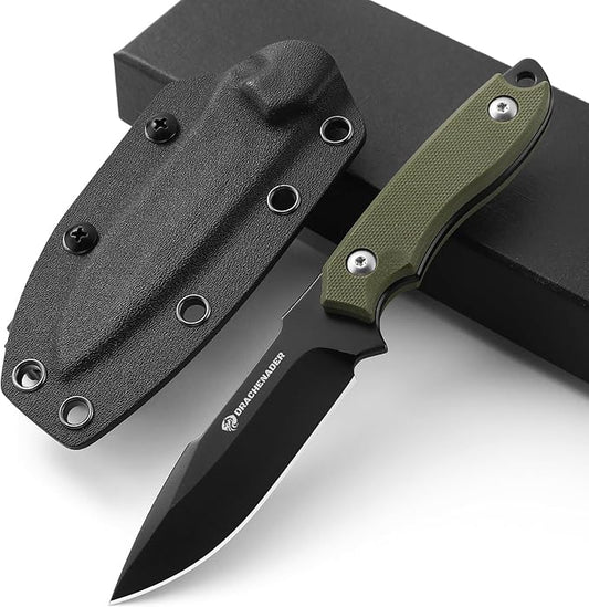 7" D2 Steel EDC Fixed Blade Knife, Versatile Carry with Kydex Sheath and G10 Handle (B- Black Balde + Green Handle)