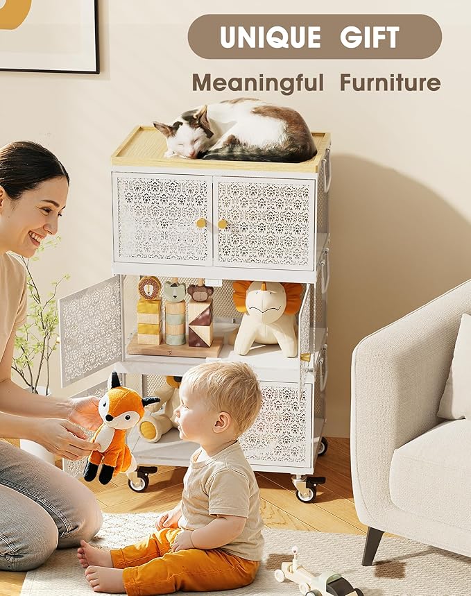 3 Tier Metal Storage Bins and Boxes Organizer, Magnetic Doors & 360°Swivel Lockable Wheels, Easy,labor-Saving, Ocean Life Cutout Pattern, Eco-Aesthetic for Living Room,Bedroom,bathroom,kitchen