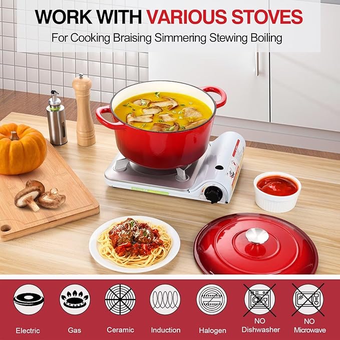 P&P CHEF 6QT Enameled Dutch Oven, Cast Iron Dutch Oven Pot with Lid for Bread Baking, Enameled Casserole Pot for Roasting Braising Stewing Frying Simmering, Various Stoves & Easy Clean, Red