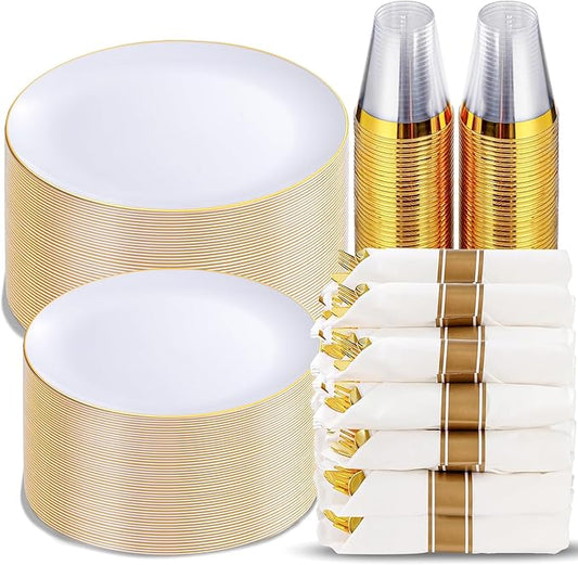 KIRE 350 PCS White and Gold Plates Disposable - Elegant Dinnerware Set of 50 Guest, White Plastic Plates With Gold Rim, Pre Rolled Napkins with Silverware & Cups for Thanksgiving Party/Wedding