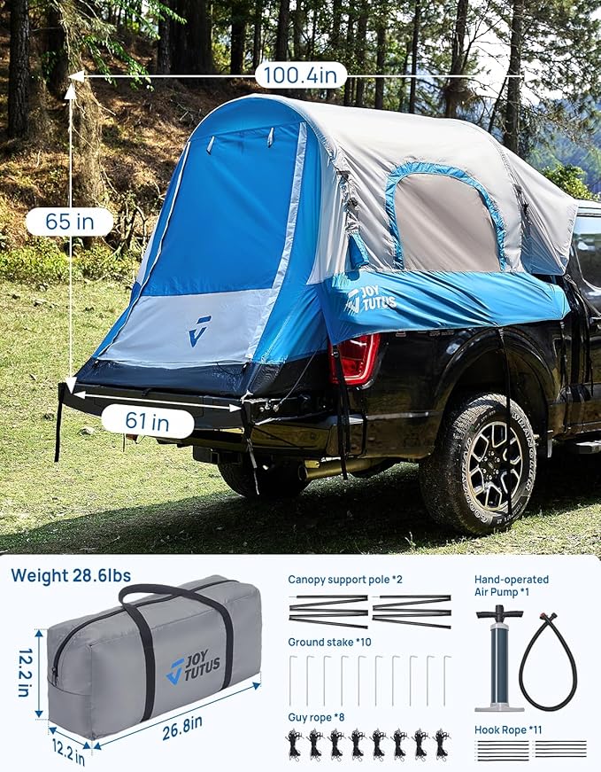 JOYTUTUS Inflatable Truck Bed Tent 5.5-6.5FT with Awning, Includes Air Pump for Quick 30 S Setup, Dual-use Pickup or Camping Tent for 2 Person, Truck Tent with Waterproof Roof Shade and 3 Windows