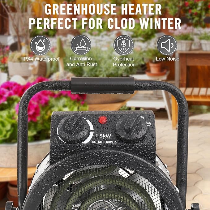 Greenhouse Heater with Digtal Thermostat, 1500W Electric Greenhouse Heaters, Fast Heating with Overheat Protection, Grow Tent Heater for Green House, Outdoor, Patio, Flower Room, Sliver