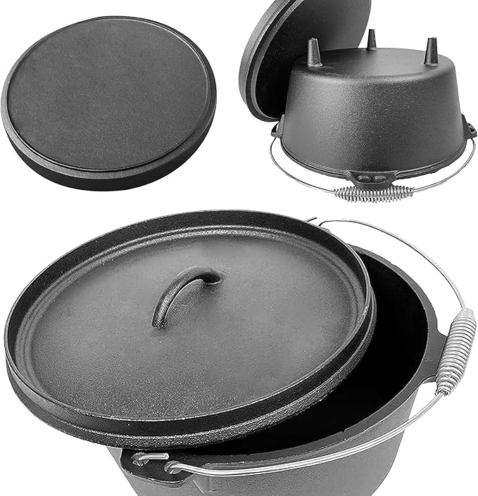 Cuisiland 9 Quart Cast Iron Dutch Oven with Lip Lid & 3 legs – Pre-Seasoned Camping Pot for Outdoor Cooking, Roasting, and Baking – Heavy-Duty Campfire Cookware with Even Heat Distribution