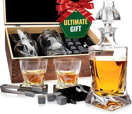 Whiskey Decanter Set by Royal Reserve – Whiskey Gift Set - Twisted Bourbon Decanter 24 oz 750 ml with Glasses, Whiskey Stones, Coasters, Tongs – Whiskey Gifts for Men, Husband, Dad Christmas