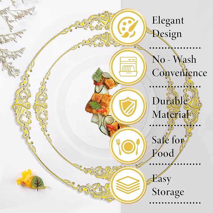 Nervure 100PCS Clear and Gold Plastic Plates - 7.5inch Clear Disposable Plates - Heavyweight Gold Plastic Plate - Dessert Plate for Wedding & Party & Thanksgiving