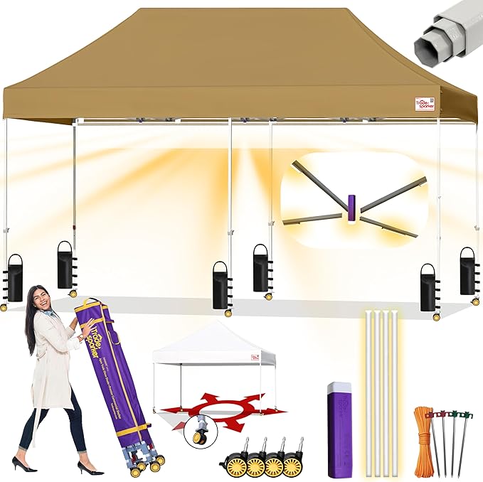 Tradesparker 10x20 Pop Up Canopy Tent,Easy up Commercial Canopy Tent Instant Shelter for Beach Events Parties Camping Market,Pop Up Canopies with LED Curtain+Casters+Weight+Stakes,Khaki
