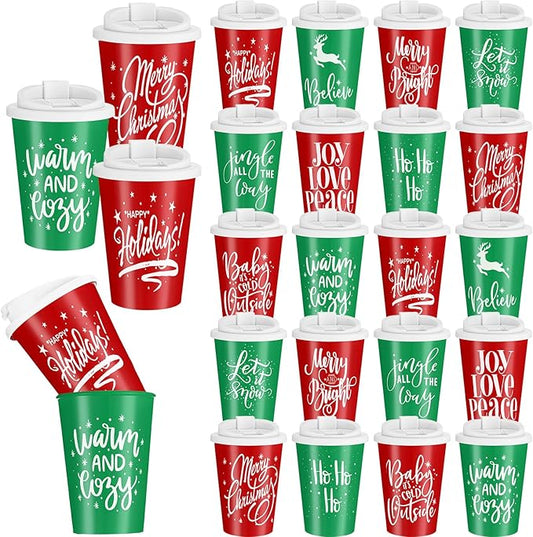Sliner 20 Pcs Christmas Reusable Coffee Cups with Lids Bulk 12 oz Christmas Plastic Cup Gifts Xmas Drinks Tumblers with Snowflake for Coworkers Family Winter Party Favors (Red,Green)
