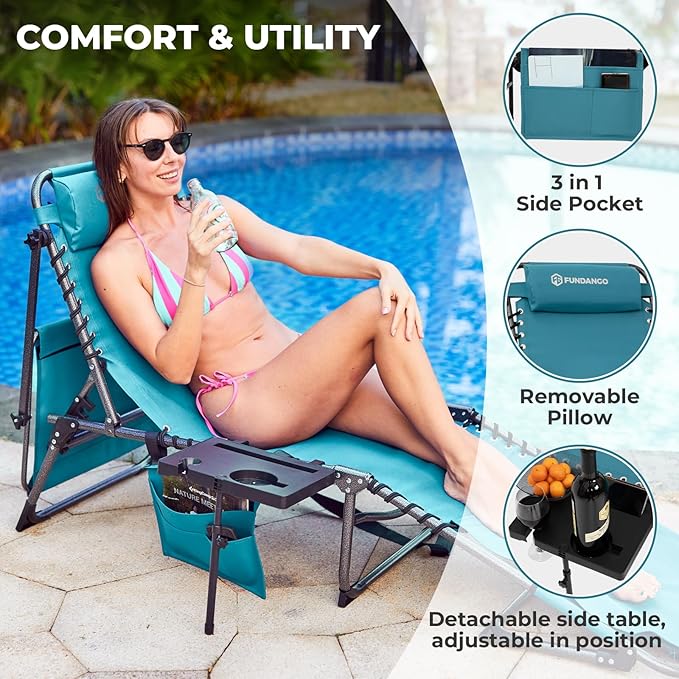 FUNDANGO 4 in 1 Tanning Chair with Face Hole, Beach Lounge Chair w/Canopy Shade & Side Table Chaise Lounge Chairs for Patio, Pool, Lawn, Sunbathing, 5-Position Adjustable Sun Lounger, Cyan