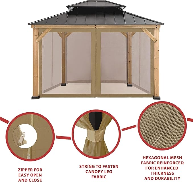 Coastshade Gazebo Canopy Mesh Walls Replacement 10x12 Gazebo Pergola Mosquito Screen Netting for Gazebos with 52Curtain Rings & 52Rail Hooks,Khaki