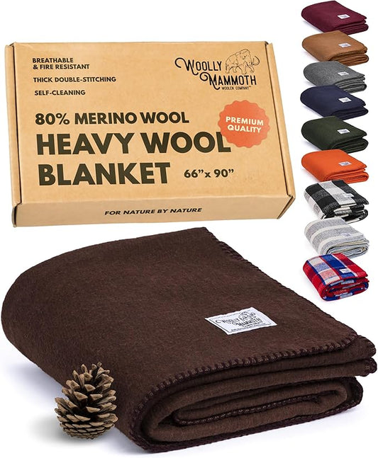 Woolly Mammoth Woolen Company Merino Wool Blanket - 66" x 90" Brown Modern Twill, 4 lb - Breathable Heavyweight Outdoor Throw Blanket for Camping, Hiking & Bedroll