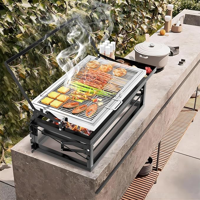 Charcoal Flip Grill for BBQ, Black Barbecue Grills for Outdoor Camping, Portable Tabletop Charcoal Grill with 360 Degrees Reversible Cooking Grid Removable Tray Adjustable Steel Frame,