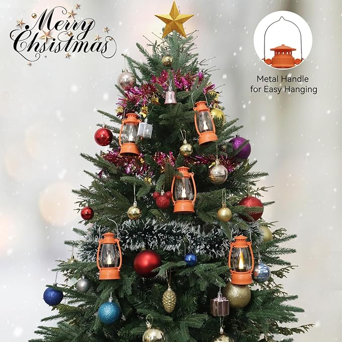 Orange Mini Lanterns Decorative 6-Pcs for Fall Halloween Thanksgiving Decoration, Small Western Lantern with LED Flickering Candle for Cowboy Camping Christmas Wedding Decor, Centerpiece Table