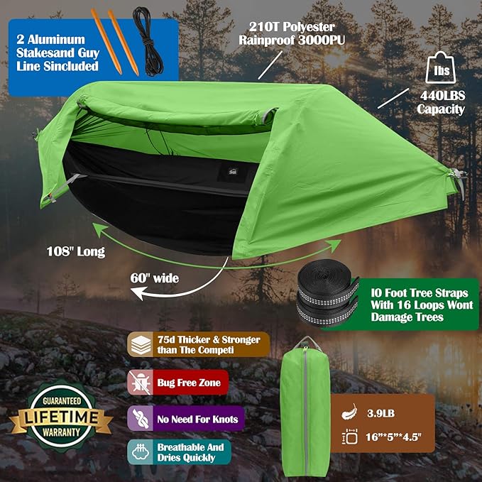 WintMing Hammock with Mosquito Net and Rain Fly Cover 3 in 1 Camping Hammock Tent 440lbs Load