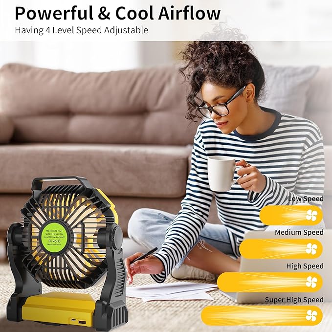 Portable Camping Fan Cordless Battery Powered，270° Rotating Portable Battery Operated Rechargeable Fans, 360° Hanging Hook, USB Personal Outdoor Camping Fans for Tents,Travel X23 Yellow