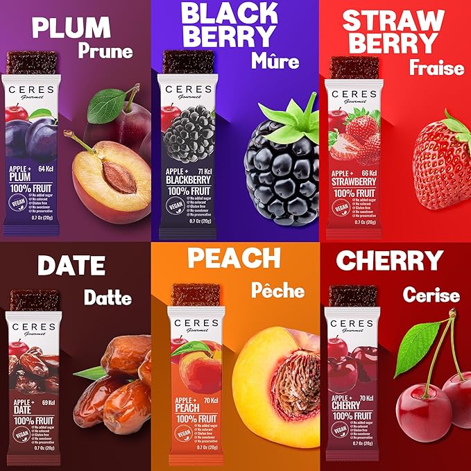 Fruit Strips Variety Pack by Ceres Gourmet, Healthy Fruit Leather, No Sugar Added Dry Fruit, Natural Snacks Bulk, Vegan, Gluten-Free Bars, 6 Flavors, 30 PCs