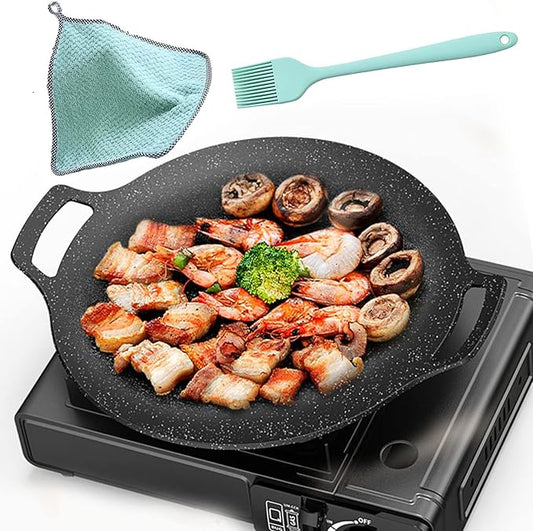 Grill Pan,13 Inch Non-stick Baking Pan+Brush+dry Cloth,Barbecue Pot Outdoor Camping Grill Plate Fry Pan for Stove Tops &Induction Compatible (30cm/12inch)