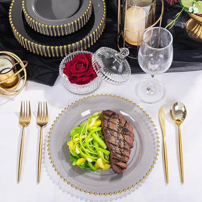 EI 60pcs Black and Gold Plastic Plates Clear with Black Disposable Plates Heavy Duty Gold Plastic Dinnerware Set For 30 Guests Perfect Wedding,Party,Birthday,Anniversary,Christmas,New Year