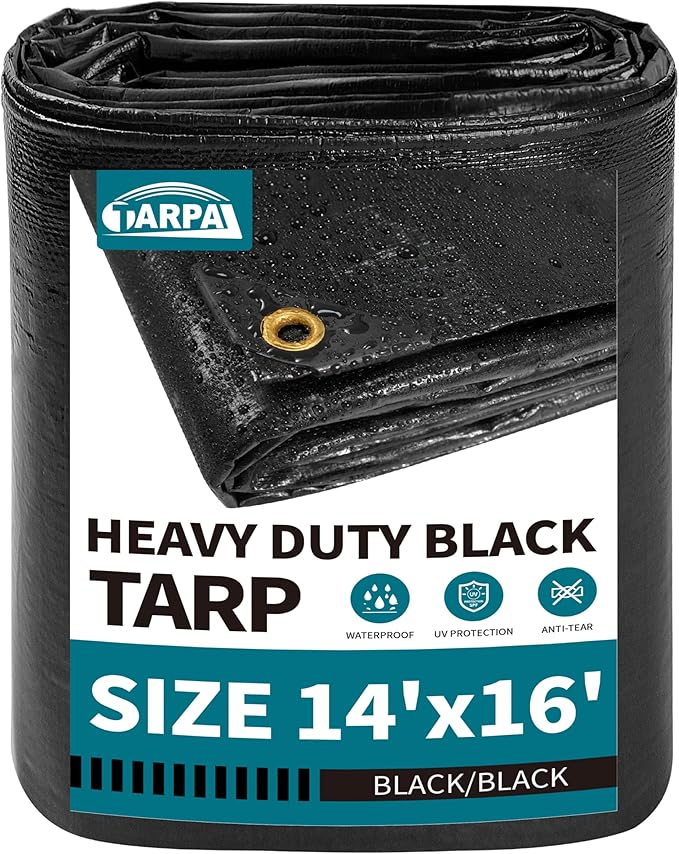 TARPAL 14x16ft tarp 14mil Black tarps Heavy Duty tarp Large Tarps，Water and UV Protection,for Outdoor Furniture Covers Waterproof,Awnings,Roofs,Tents,Pool Cover,Shade Cloth for Garden