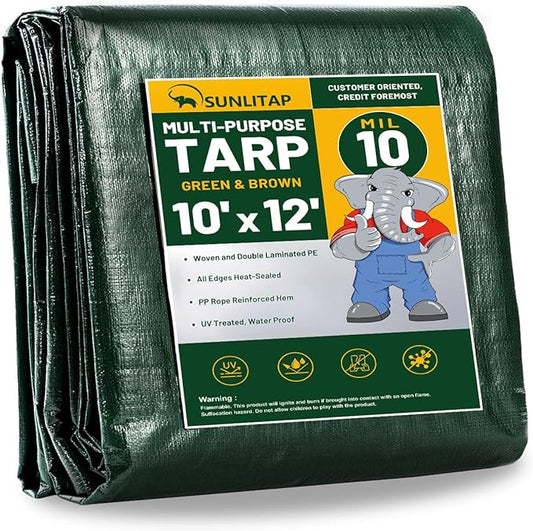 10 Mil Heavy Duty Waterproof Tarps, 10x12 Ft Finished Size Tarps, Premium Tarp with Metal Grommets & Reinforced Edge, Multipurpose Thick Poly Tarp for Car, Boat, Roof, Camping - Green
