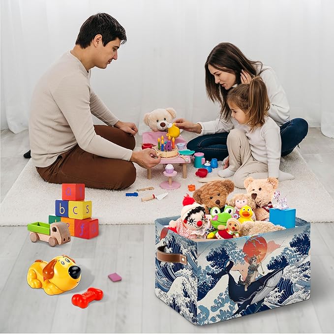 Funny Cat Riding Whale Collapsible Storage Basket - Cute Cat Whale Storage Box with Handles, Foldable Organizer for Toys & Clothes - Decorative Gift Basket for Nursery, Kids Room, Home Organization