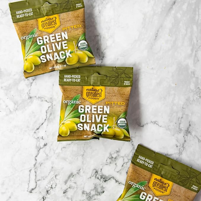 Organic Green Pitted Olive Snack by Nature’s Greatest Foods – 1.1 Oz – Ready to Eat, Freshly Seasoned, Low Calorie & Nutritious, Gluten Free, Kosher, Product of Greece (Pack of 24)