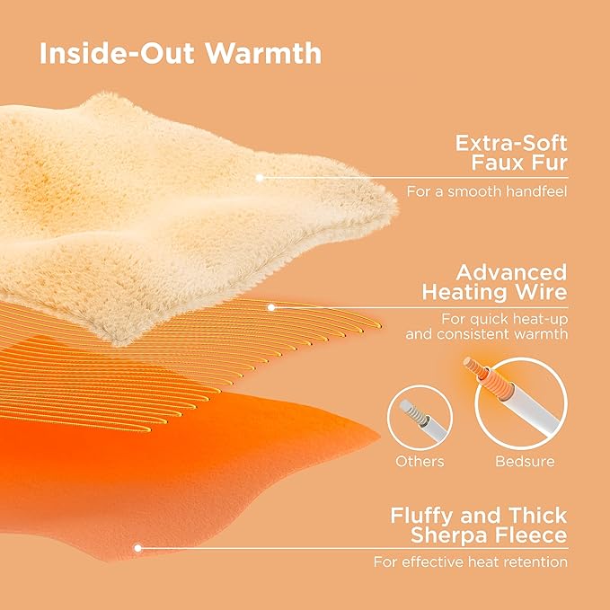 Bedsure Faux Fur Electric Blanket Queen Size, Dual Control Heated Blanket Queen, Fast Heating Blanket with 10 Heating Levels & 10 Time Settings, Cozy Gifts for Women Men (84x90 inches, Dark Chocolate)