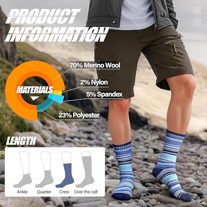 ANTSANG Merino Wool Hiking Socks for Men & Women 5 Pairs Thermal Warm Winter Thick Cushion Moisture Wicking Crew Boot Socks
