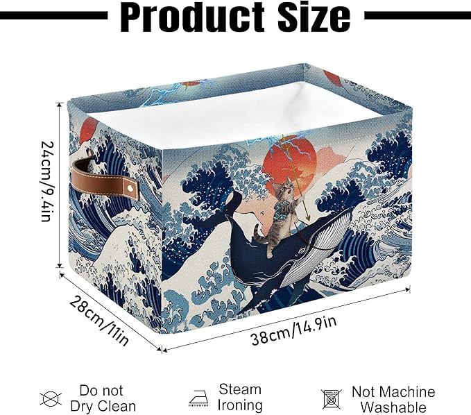 Funny Cat Riding Whale Collapsible Storage Basket - Cute Cat Whale Storage Box with Handles, Foldable Organizer for Toys & Clothes - Decorative Gift Basket for Nursery, Kids Room, Home Organization