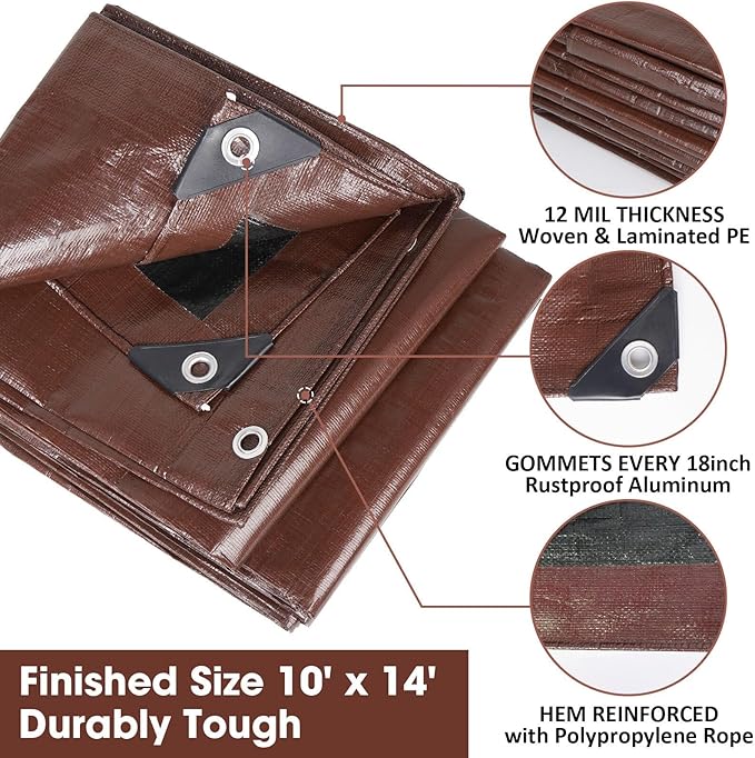 Heavy Duty Double-Sided Waterproof Poly Tarp 10x14 Feet 12mil Thick Polyethylene Tarps, Perfect for Outdoor Use, Plastic Cover & Mat for Tent Camping Storage Boat Bikes Vehicles