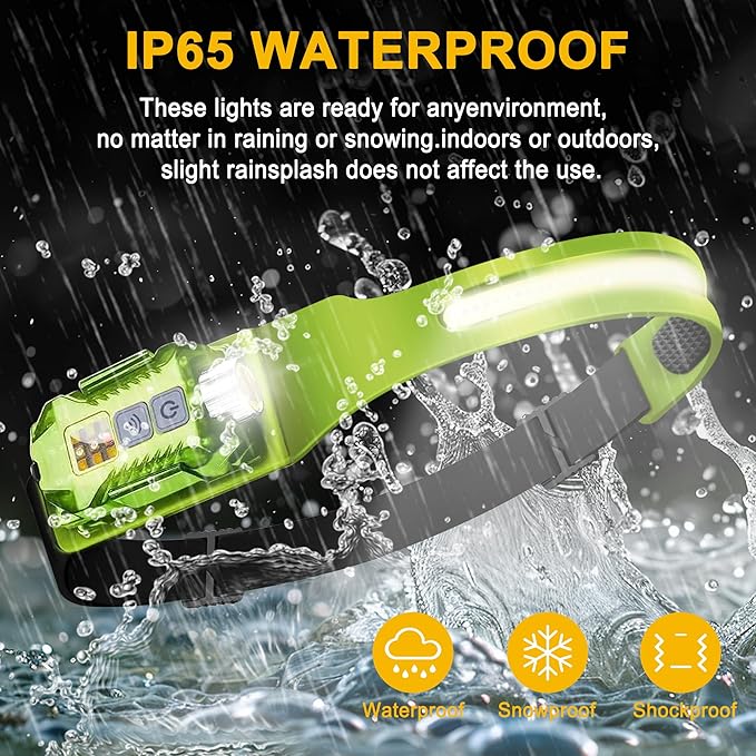 2-in-1 LED Headlamp Rechargeable, Sensing COB Headlamp Flashlight, IP65 Waterproof Magnetic 9 Modes Head Light for Adults Night Running Camping, Fishing, Hiking, Repair and Gift (Green)