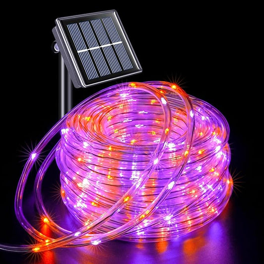 JMEXSUSS Orange Purple Halloween Solar Lights, 66 ft 200 LED Purple Rope Lights Outdoor Waterproof, Orange Christmas String Lights for Halloween Fall Party Tree Christmas