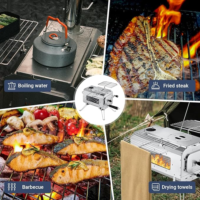 KingCamp Hot Tent Stove, Foldable Camping Stove with Large Firebox, 6.6ft Winter Camping Stove for Tent, Shelter, Cabin Heating, With Chimney Pipes, Heat Resistant Glass & Gloves for Outdoor