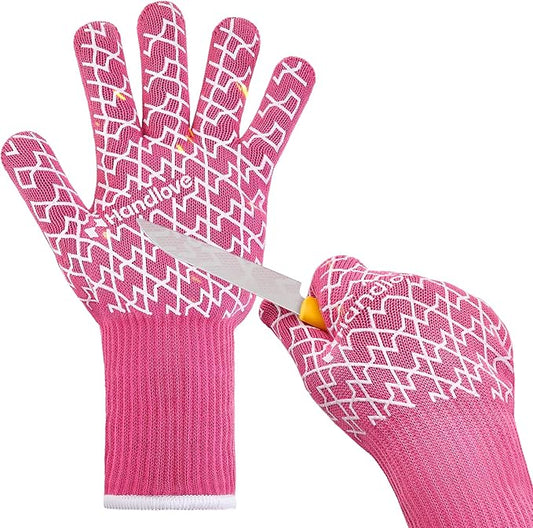 HandLove BBQ Gloves, Oven Gloves with Fingers – Heat Resistant Gloves for Grilling | Silicone Grip, Long Cuff Mitts - Kitchen & Outdoor Barbecue, Cooking, Baking, Pink S