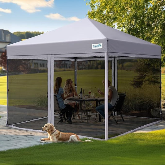Quictent 10'x10’ Pop up Screened Canopy Tent with Mosquito Netting, Portable Easy up Outdoor Screen House Shelter for Patio, Camping and Picnic, Includes Wheeled Carry Bag (Grey)