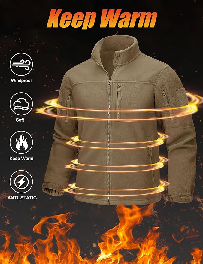 CRYSULLY Men's Fleece Jacket Tactical Full-Zip Winter Coat Jackets Multi Pockets
