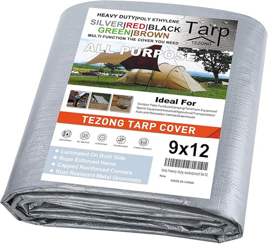 Tarp Heavy Duty Waterproof 9x12ft,TEZONG Silver Plastic Tarp 12Mil Outdoor Tarpaulin Cover for Emergency Rain,Patio Furniture,Wood,Roof,Camping,Car,Pool