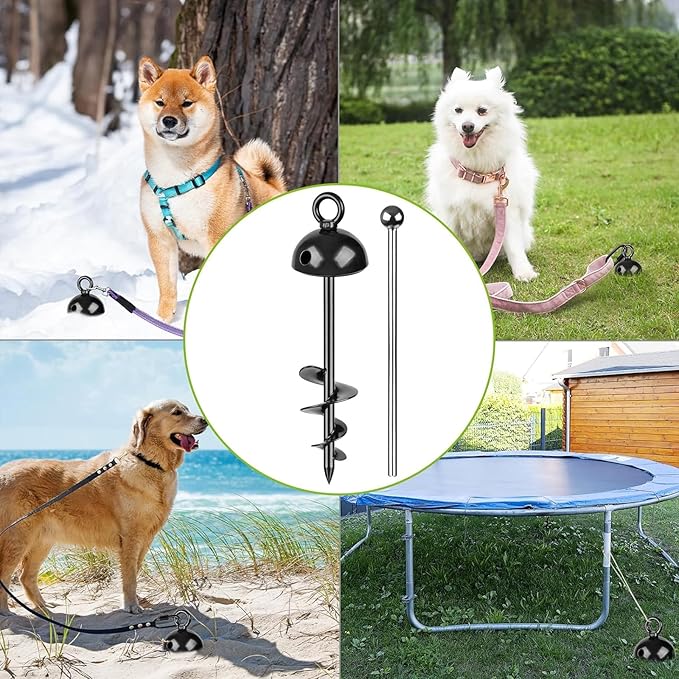 Heavy Duty 15" Dog Tie Out Stake, 360° Swivel, No Tangle, Easy Install, for Large Dogs up to 220lbs, Perfect for Yard, Camping, Beach (Black)