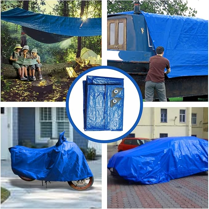 Blue Tarp Pack of 4 Tarps Heavy Duty waterproof 8x10 Large Multipurpose Poly Outdoor Tarps Cover 5 Mil Thickness Blue Tarpaulin Reinforced Rip Resistant Rubber Edges With Aluminum Grommets