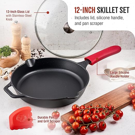 Victoria 12-Inch Cast Iron Skillet Set with Tempered Glass Lid, Large Handle Cover, and Pan Scraper