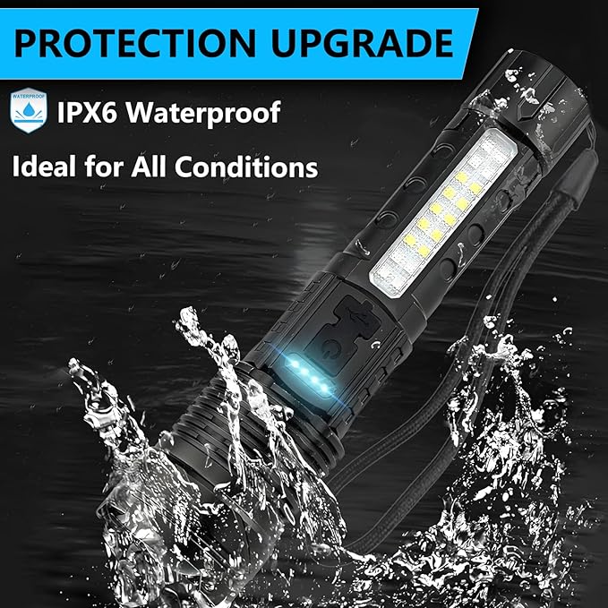 Rechargeable LED Flashlights, 90,000 Lumens Super Bright Handheld Flashlight, 7 Modes with COB Work Light, IPX6 Waterproof, Adjustable Tactical Flash Light for Home,Camping and Emergencies-2 Pack