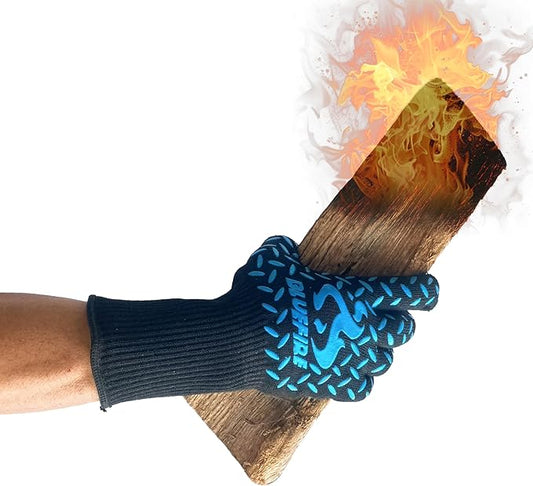 BBQ Grill Firepit Oven Mitts Highest Heat Resistance EN407 Lab Certified (X-Large, Blue/Black)