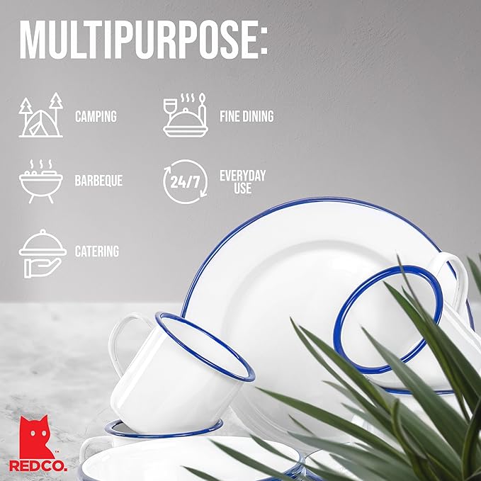 Red Co. 16-Piece Enamelware Metal Dinnerware Set for 4, Solid White/Navy Blue Rim