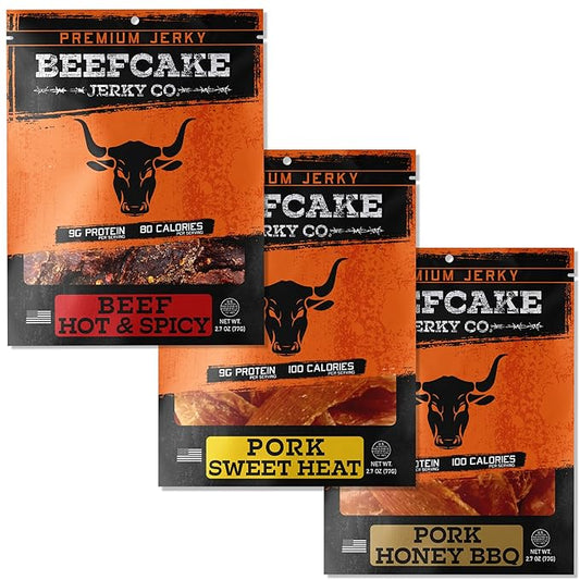 BEEFCAKE Jerky Sweet to Hot Jerky Sweet Heat Pork, Honey BBQ & Hot Spicy Beef Meat Snacks, 9 Gram of Protein and 100 Calories 2.7 Oz | Pack of 3