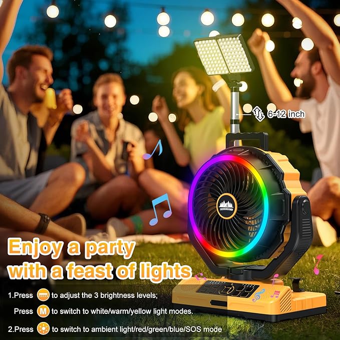 40000mAh Rechargeable Camping Fan for tents With Bluetooth Speaker, Multi-colored LED Light, 6 wind Speeds, 8h Timer, 120° Auto Oscillating Battery Operated Fan for Camping With Fast Charge Adapter