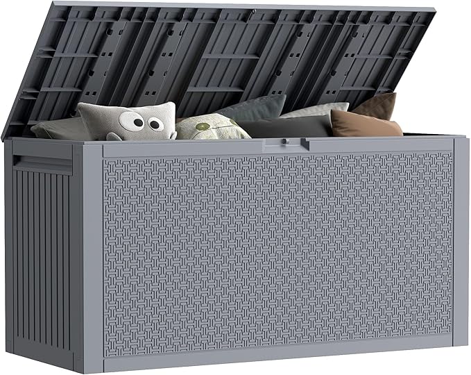 90 Gallon Outdoor Storage Box, Lockable Package Outside Storage Box Waterproof, Patio Cushions Deck Storage Boxes, Rattan Plastic Garden Hose Containers Resin Pool Storage Bins with lids, Grey