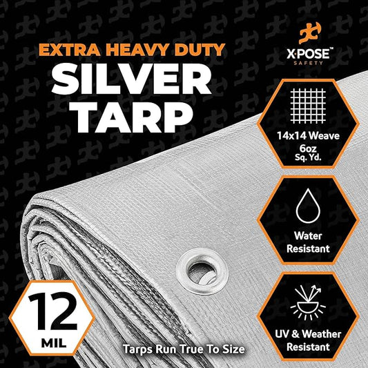 Heavy Duty Silver Poly Tarp 8' X 10' (2-Pack) - Multipurpose Protective Cover - Durable, Waterproof, Weather Proof, Rip and Tear Resistant - Extra Thick 12 Mil Polyethylene - by Xpose Safety
