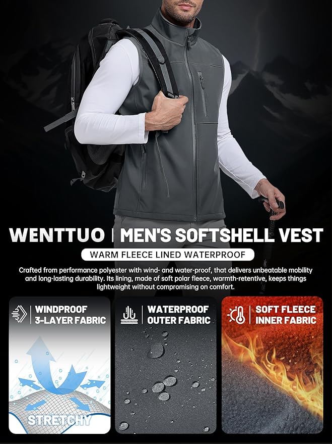 Mens Windproof Golf Vest Outerwear Fleece Lined Softshell Sleeveless Lightweight Jacket