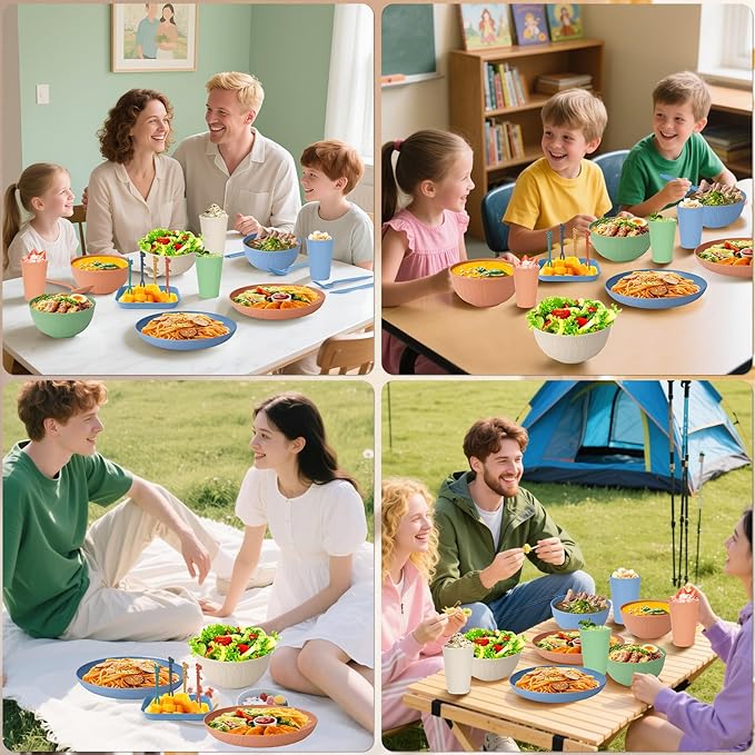 49 Pcs Dinnerware Sets for 4 People, Unbreakable Plates and Bowls Sets with Storage Box, Reusable Dinnerware Sets, Camping School Home Party Cutlery Set, Dishwasher Microwave Safe